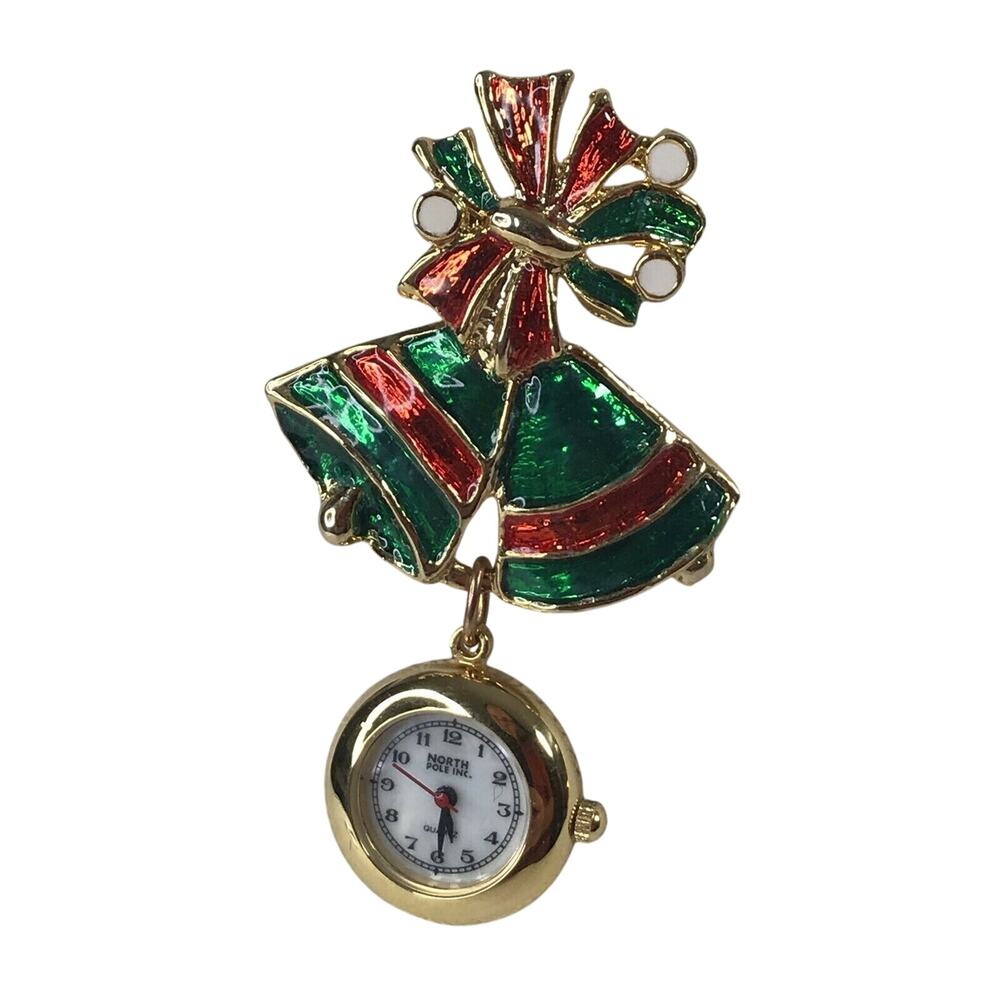 Vintage Christmas Brooch Bells Bow Enamel